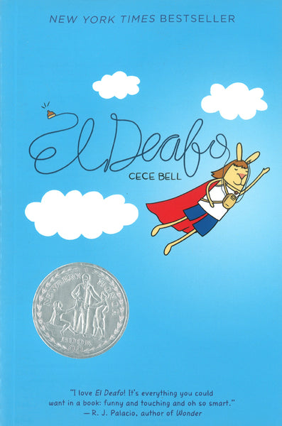 El Deafo. Picture of character flying through the clouds. 